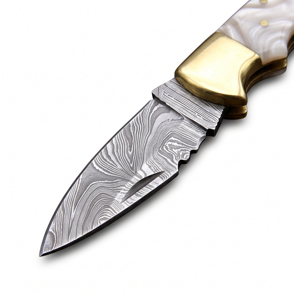 Creek 7.5" Damascus Pocket Knife | Mother of Pearl, Damascus blade close-up
