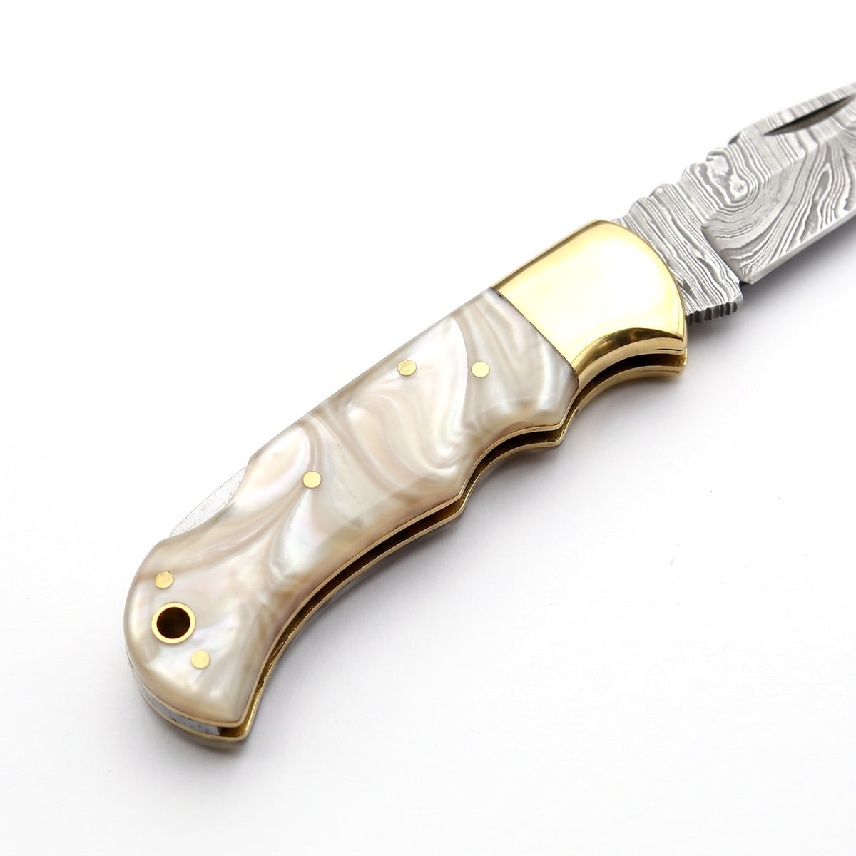 Creek 7.5" Damascus Pocket Knife | Mother of Pearl, handle and fittings close-up