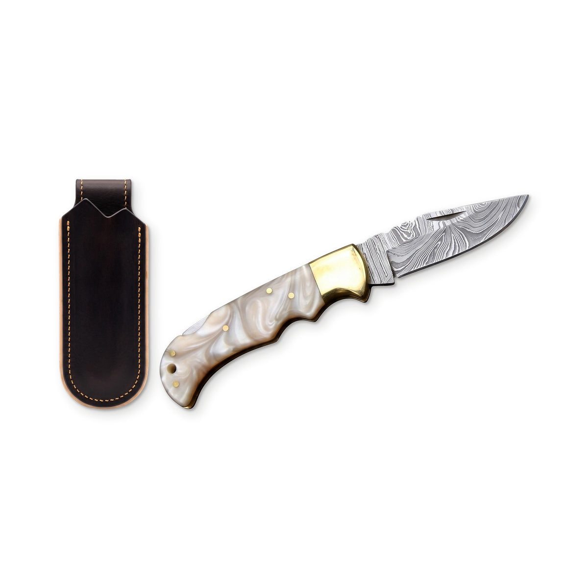 Creek 7.5" Damascus Pocket Knife | Mother of Pearl, three-quarter view with the Crownridge belt slip