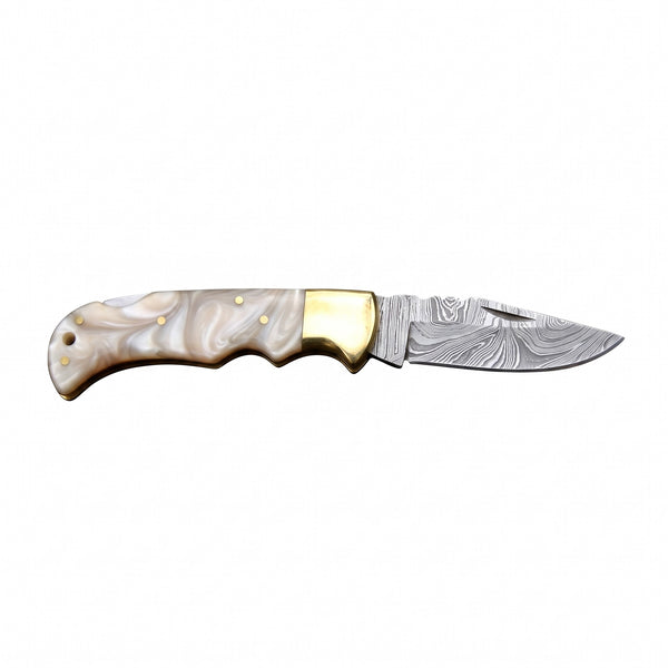 Creek 7.5" Damascus Pocket Knife | Mother of Pearl, side profile on white