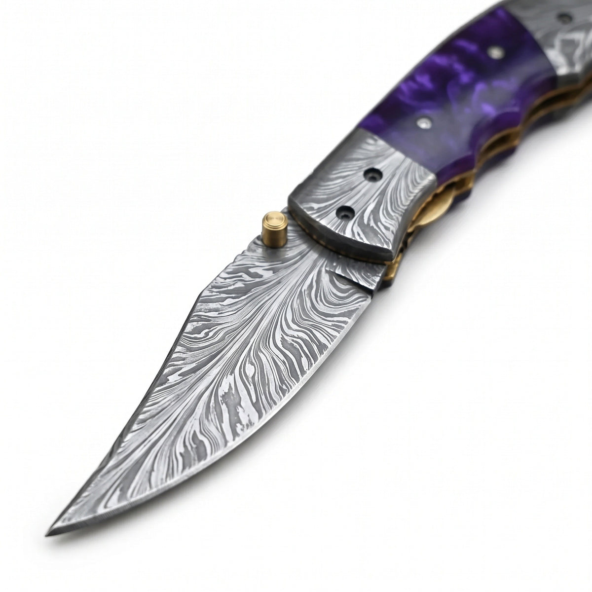 Creek 7.5" Damascus Pocket Knife | Resin, Damascus blade close-up