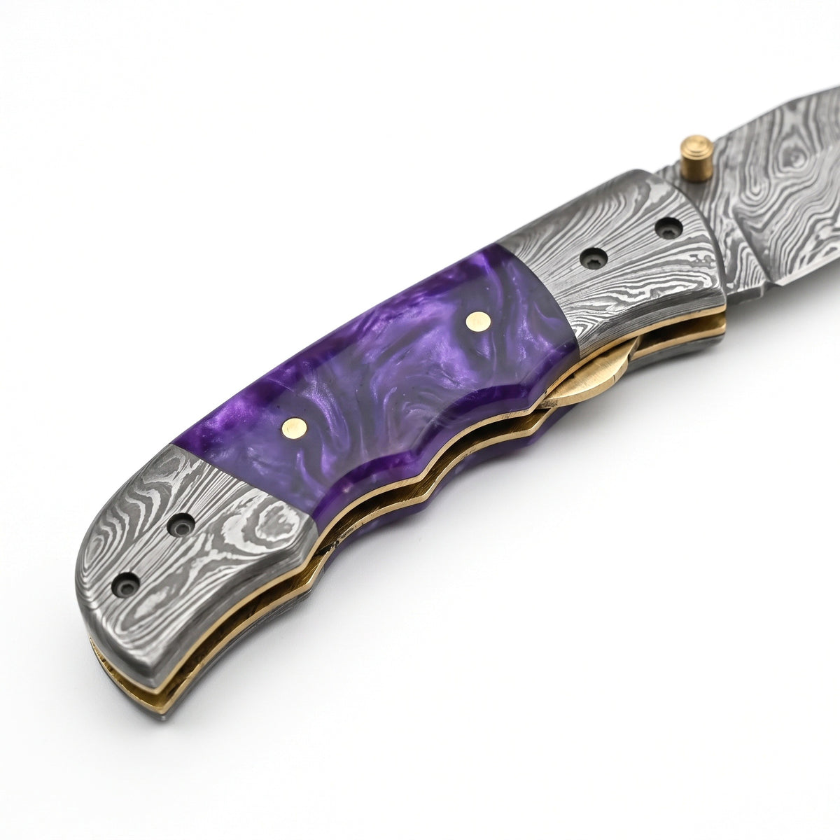 Creek 7.5" Damascus Pocket Knife | Resin, handle and fittings close-up