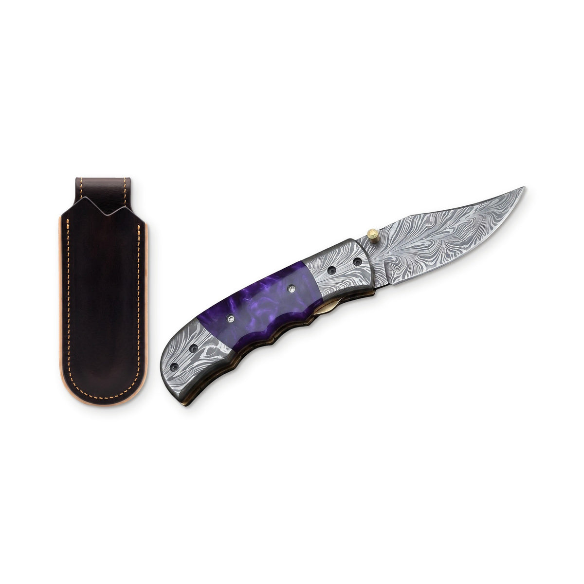 Creek 7.5" Damascus Pocket Knife | Resin, three-quarter view with the Crownridge belt slip