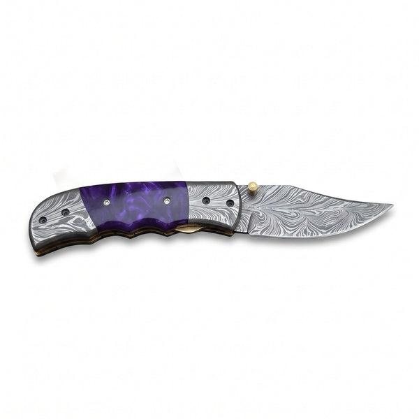 Creek 7.5" Damascus Pocket Knife | Resin, side profile on white