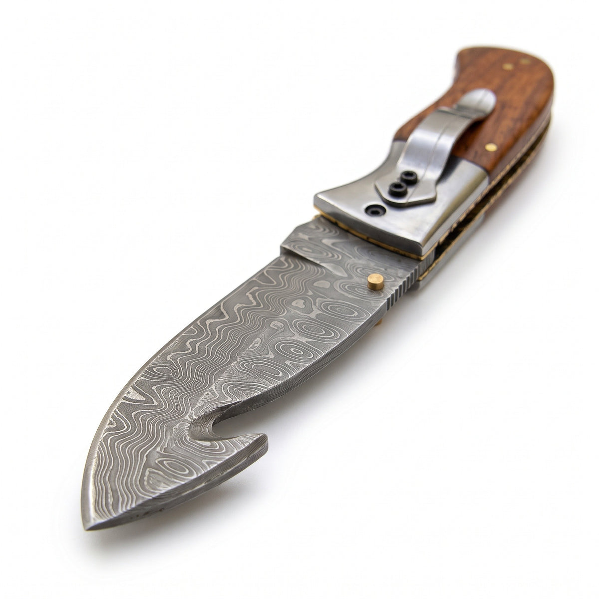 Creek 7.5" Damascus Pocket Knife | Rosewood, Damascus blade close-up