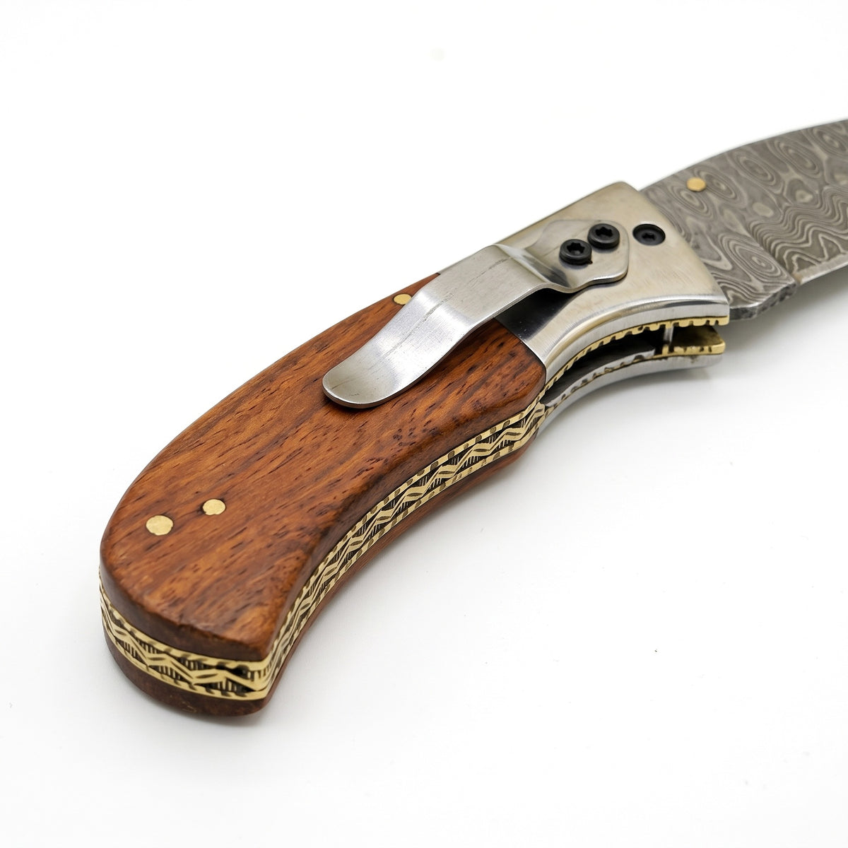 Creek 7.5" Damascus Pocket Knife | Rosewood, handle and fittings close-up