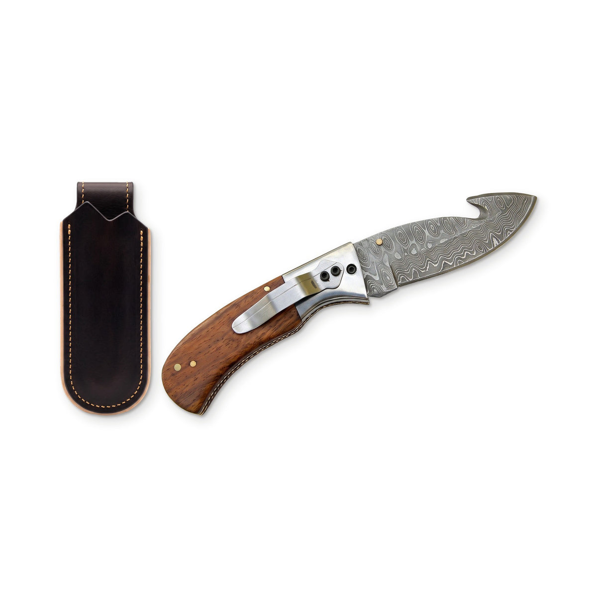 Creek 7.5" Damascus Pocket Knife | Rosewood, three-quarter view with the Crownridge belt slip