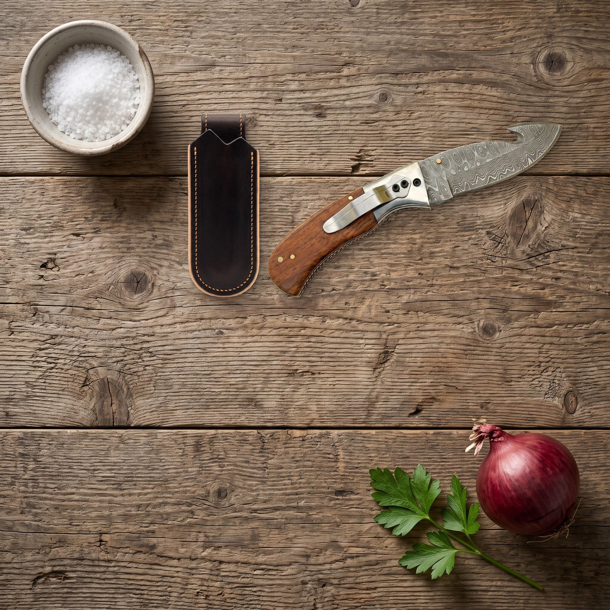 Creek 7.5" Damascus Pocket Knife | Rosewood, with the Crownridge belt slip in use