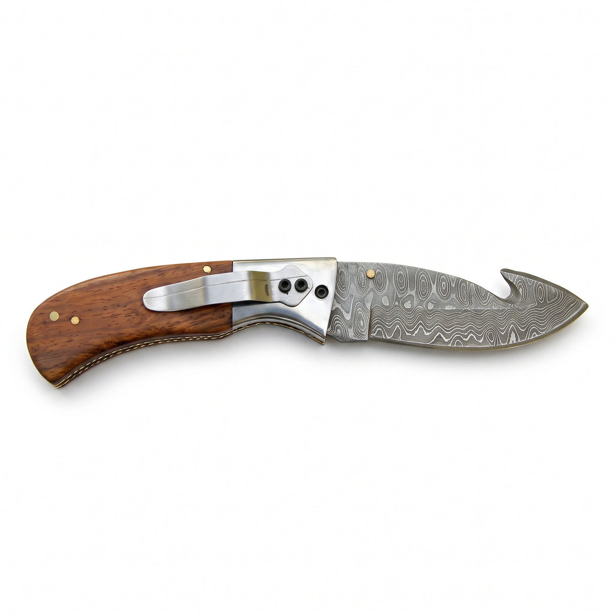 Creek 7.5" Damascus Pocket Knife | Rosewood, side profile on white