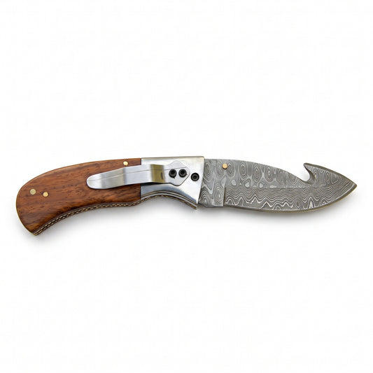 Creek 7.5" Damascus Pocket Knife | Rosewood, side profile on white