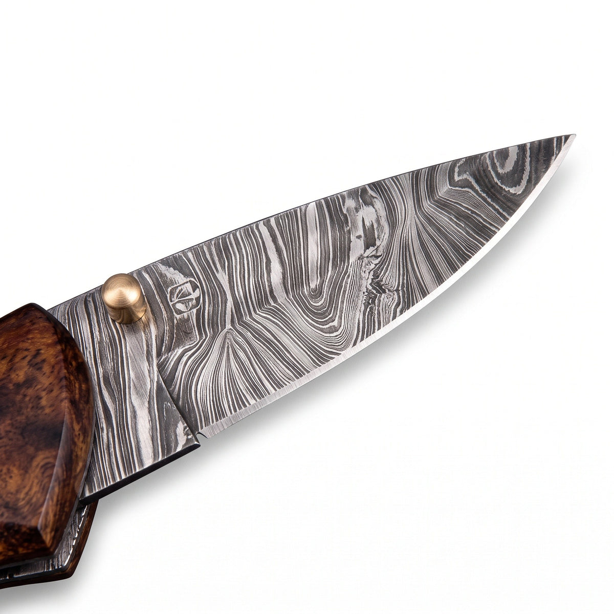 Creek 7.5" Damascus Pocket Knife | Tali Wood, Damascus blade close-up