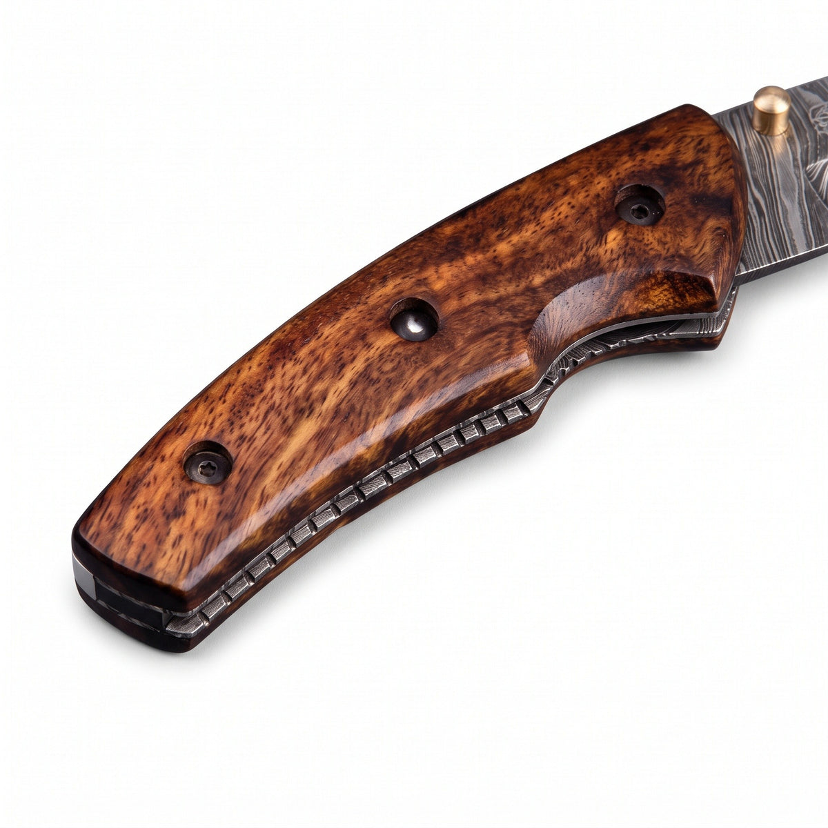 Creek 7.5" Damascus Pocket Knife | Tali Wood, handle and fittings close-up