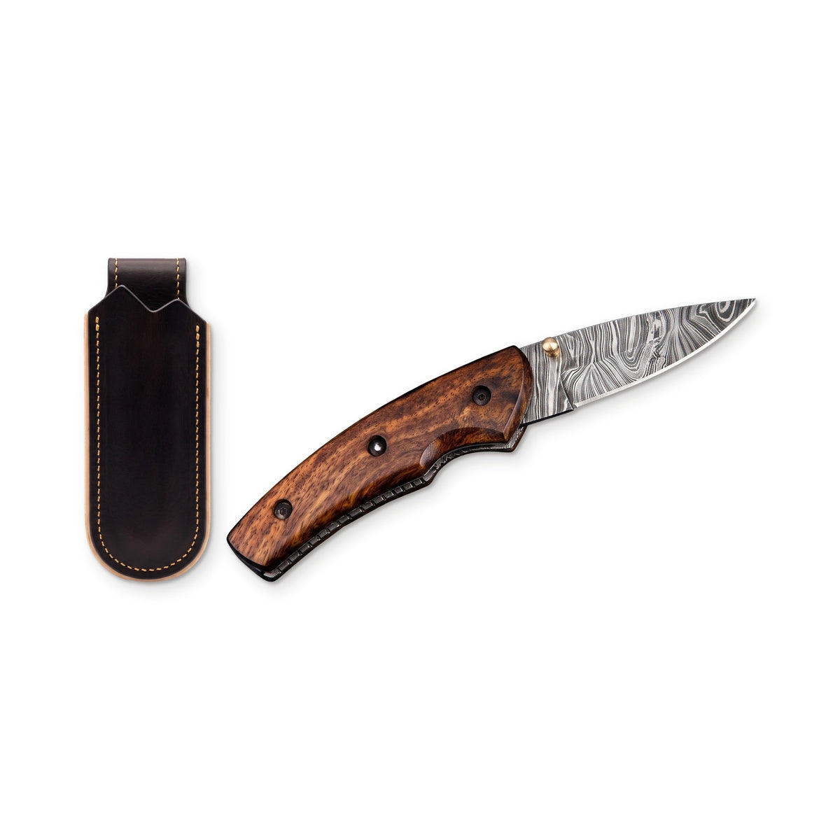 Creek 7.5" Damascus Pocket Knife | Tali Wood, three-quarter view with the Crownridge belt slip
