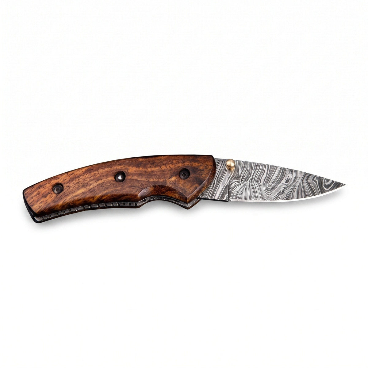 Creek 7.5" Damascus Pocket Knife | Tali Wood, side profile on white