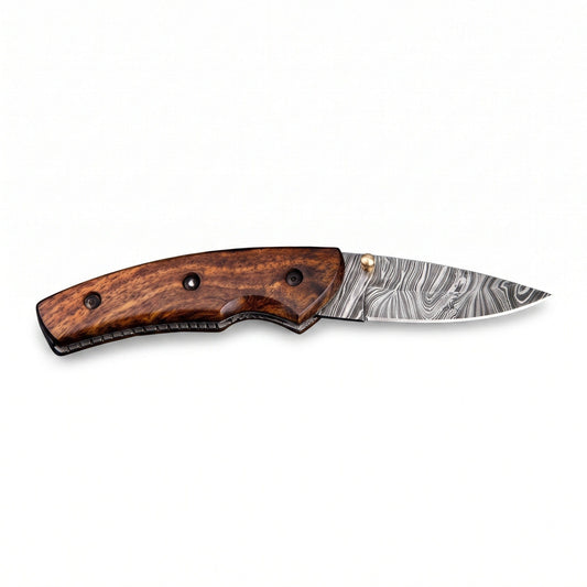 Creek 7.5" Damascus Pocket Knife | Tali Wood, side profile on white
