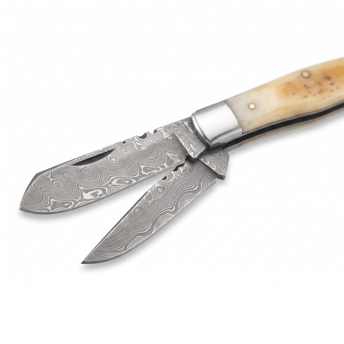 Creek 7.5" Damascus Trapper Knife | Bone, Damascus blade close-up