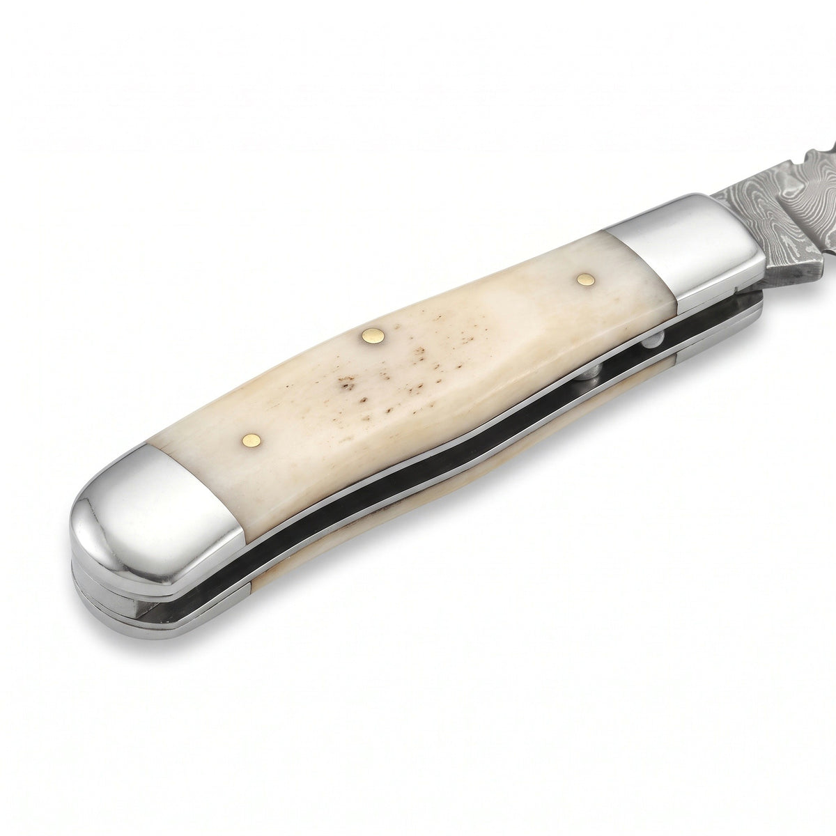 Creek 7.5" Damascus Trapper Knife | Bone, handle and fittings close-up