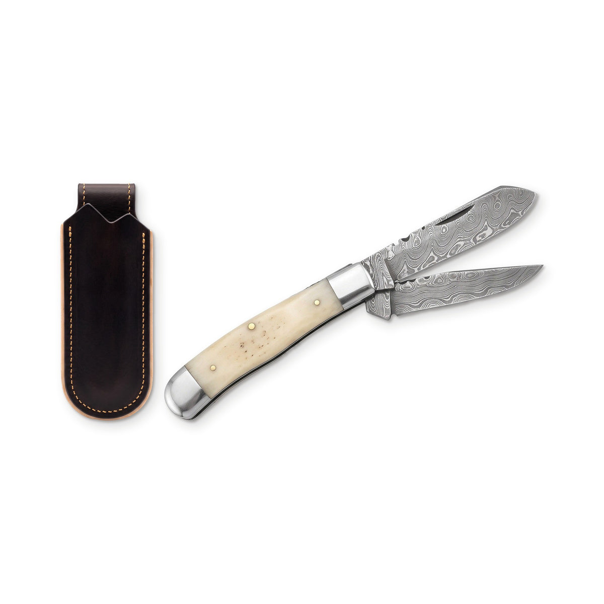 Creek 7.5" Damascus Trapper Knife | Bone, three-quarter view with the Crownridge belt slip