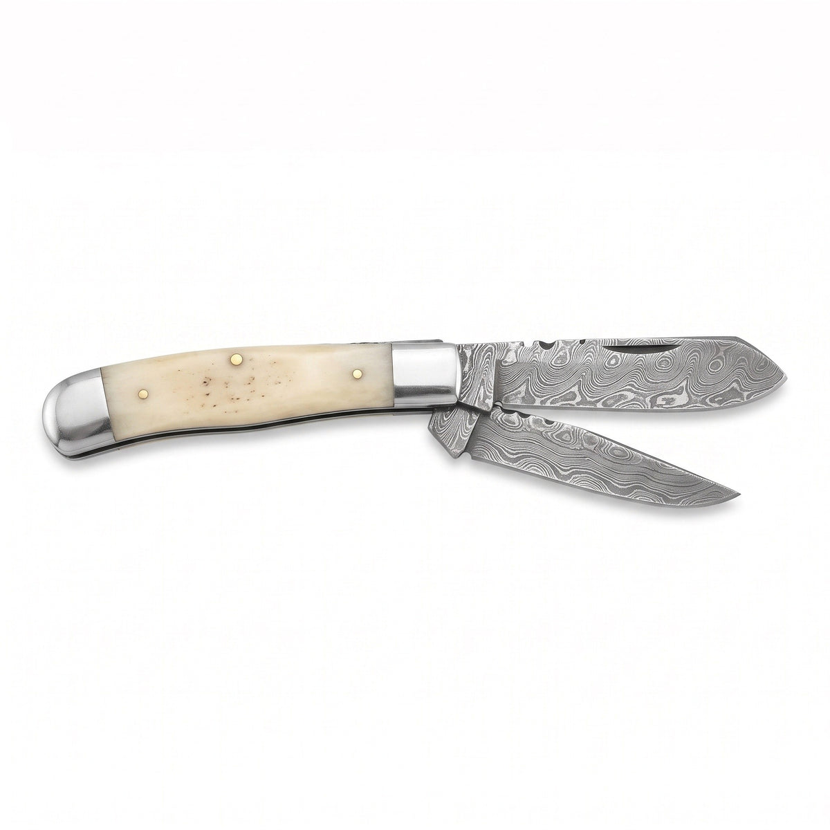 Creek 7.5" Damascus Trapper Knife | Bone, side profile on white