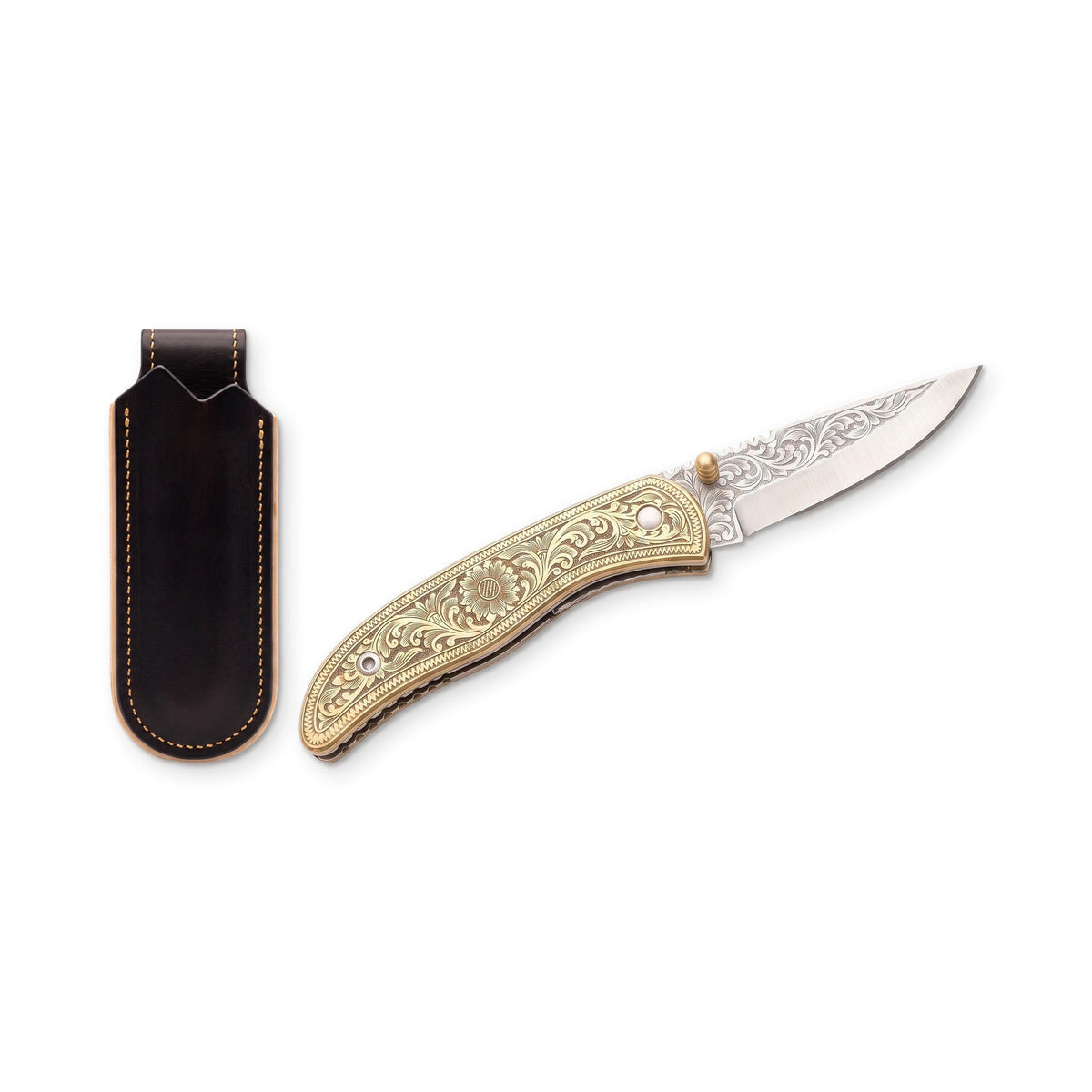 Creek 7.75" Carbon Steel Pocket Knife | Brass, three-quarter view with the Crownridge belt slip