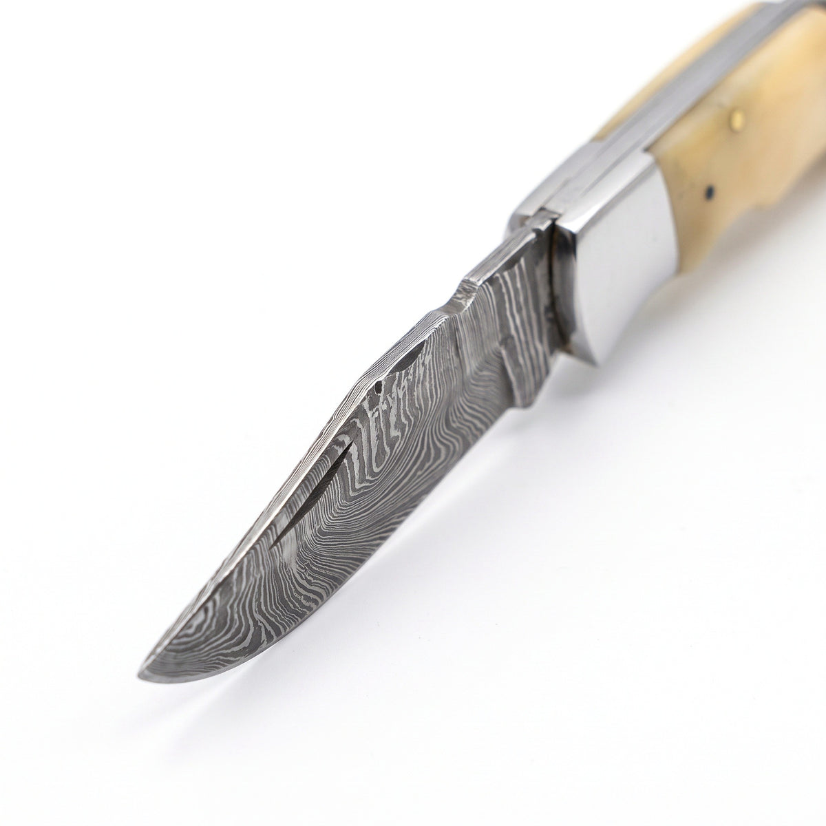 Creek 7" Damascus Clip Point Pocket Knife | Bone, Damascus blade close-up