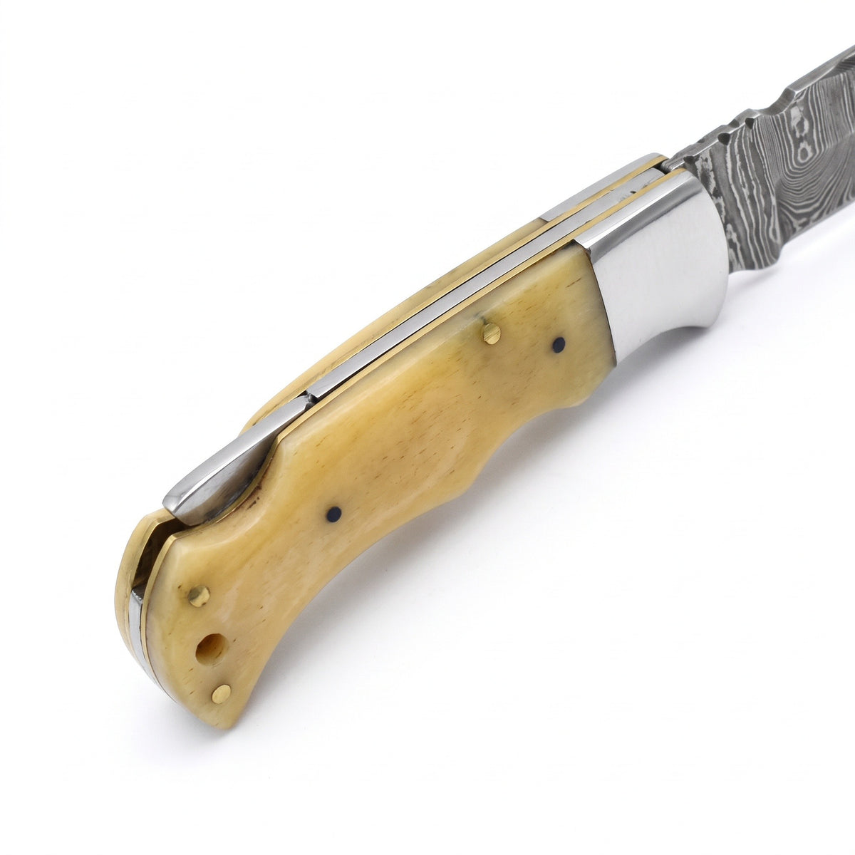 Creek 7" Damascus Clip Point Pocket Knife | Bone, handle and fittings close-up