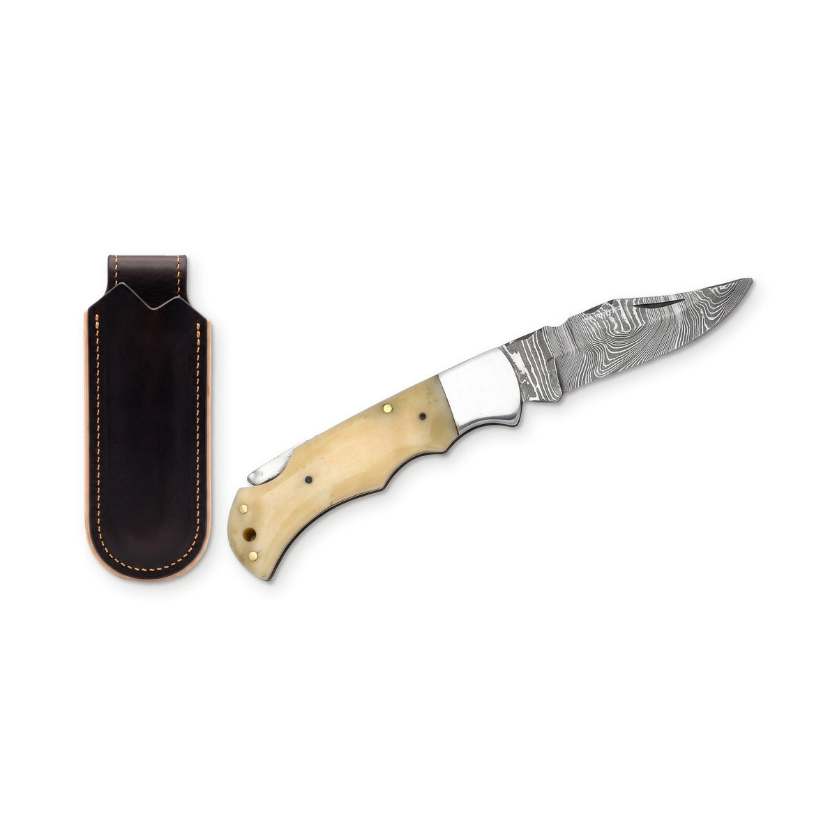 Creek 7" Damascus Clip Point Pocket Knife | Bone, three-quarter view with the Crownridge belt slip