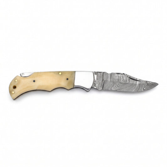 Creek 7" Damascus Clip Point Pocket Knife | Bone, side profile on white
