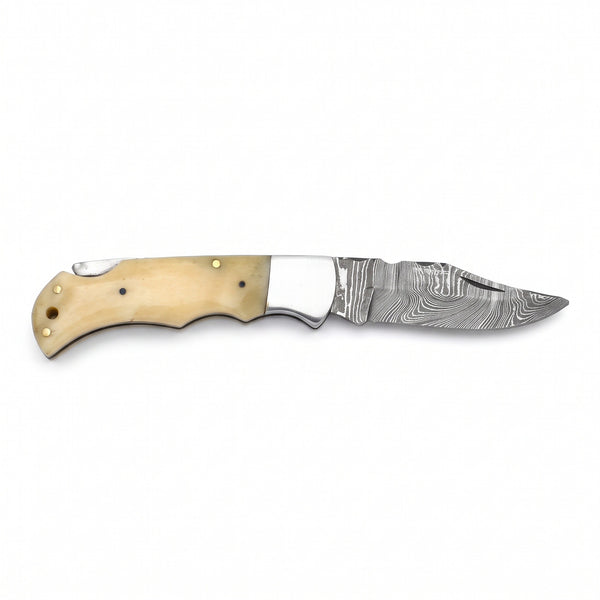 Creek 7" Damascus Clip Point Pocket Knife | Bone, side profile on white