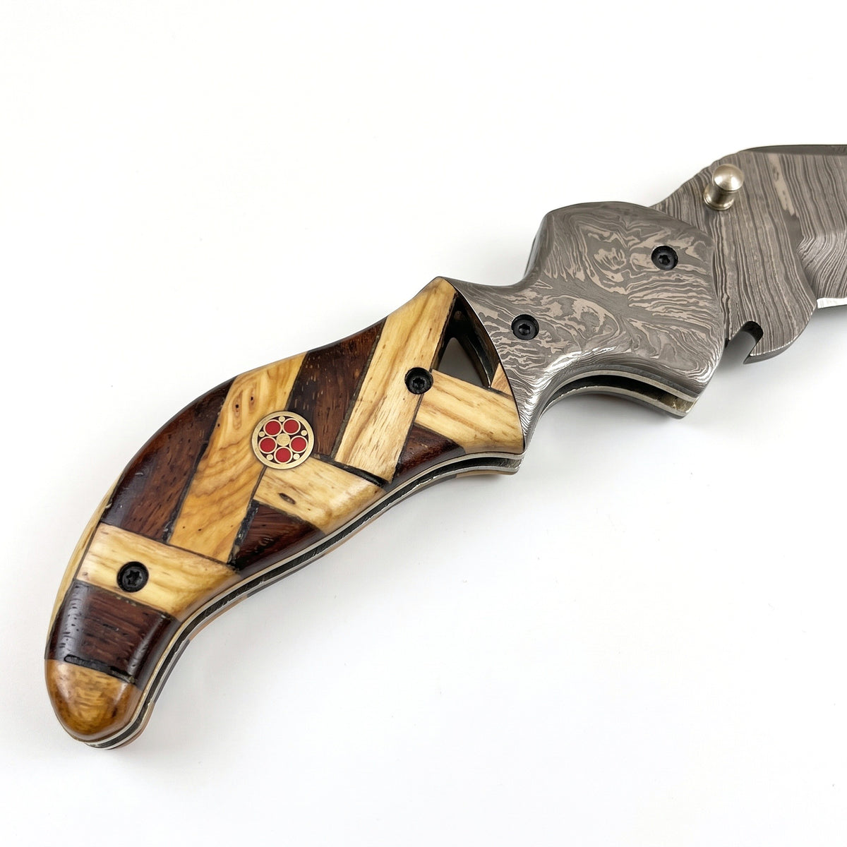 Creek 7" Damascus Clip Point Pocket Knife | Olive Wood, handle and fittings close-up