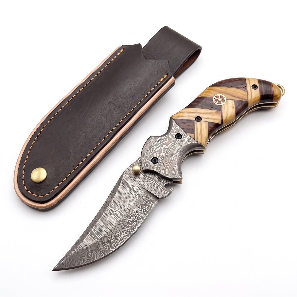 Creek 7" Damascus Clip Point Pocket Knife | Olive Wood, three-quarter view with the Crownridge belt slip