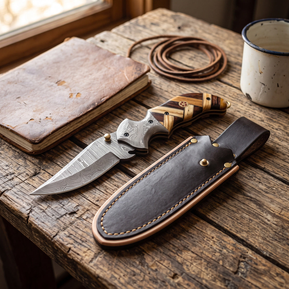 Creek 7" Damascus Clip Point Pocket Knife | Olive Wood, with the Crownridge belt slip in use