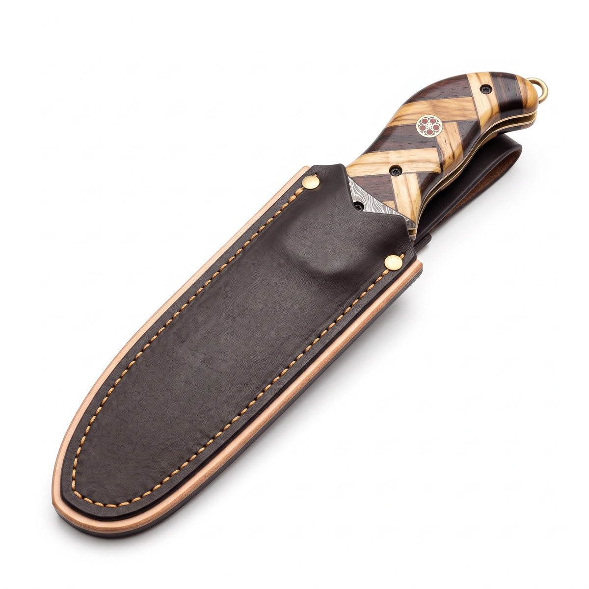 Creek 7" Damascus Clip Point Pocket Knife | Olive Wood, seated in the Crownridge belt slip