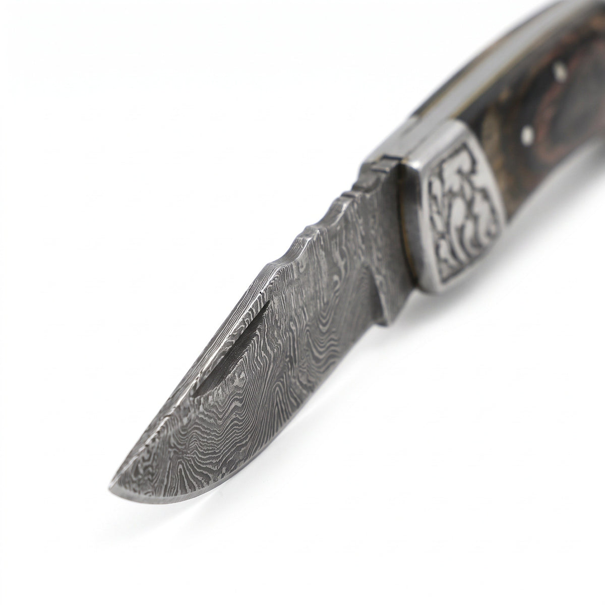 Creek 7" Damascus Drop Point Pocket Knife | Dyed Wood, Damascus blade close-up