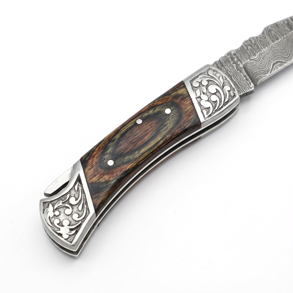 Creek 7" Damascus Drop Point Pocket Knife | Dyed Wood, handle and fittings close-up