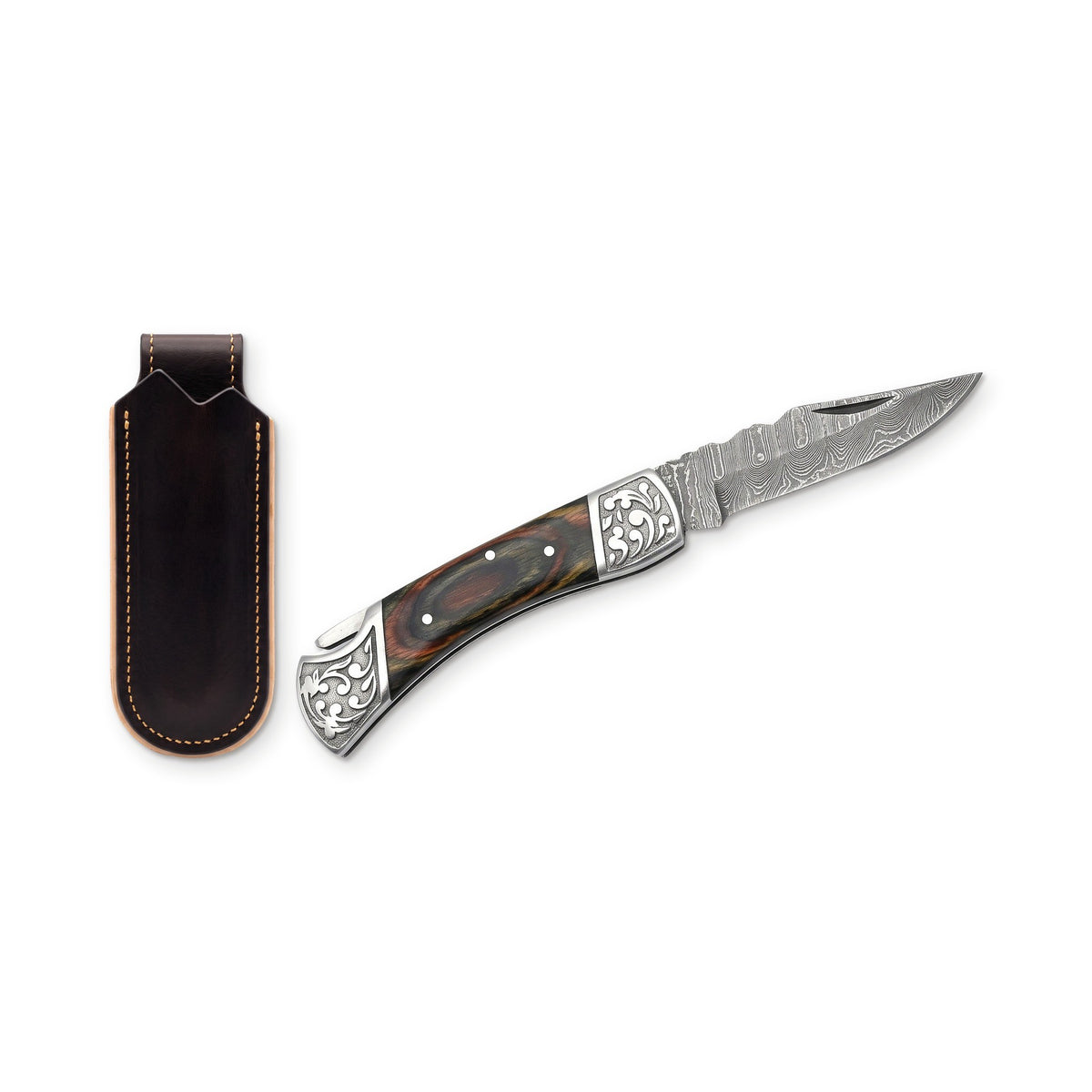Creek 7" Damascus Drop Point Pocket Knife | Dyed Wood, three-quarter view with the Crownridge belt slip