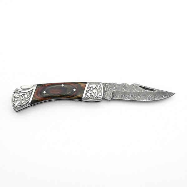 Creek 7" Damascus Drop Point Pocket Knife | Dyed Wood, side profile on white