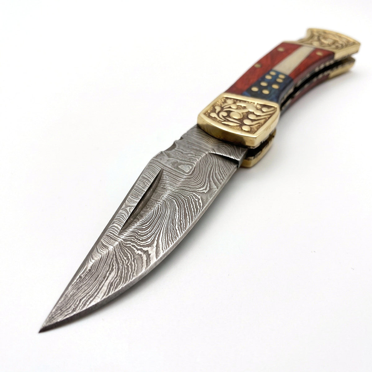 Creek 7" Damascus Pocket Knife | Bone, Damascus blade close-up