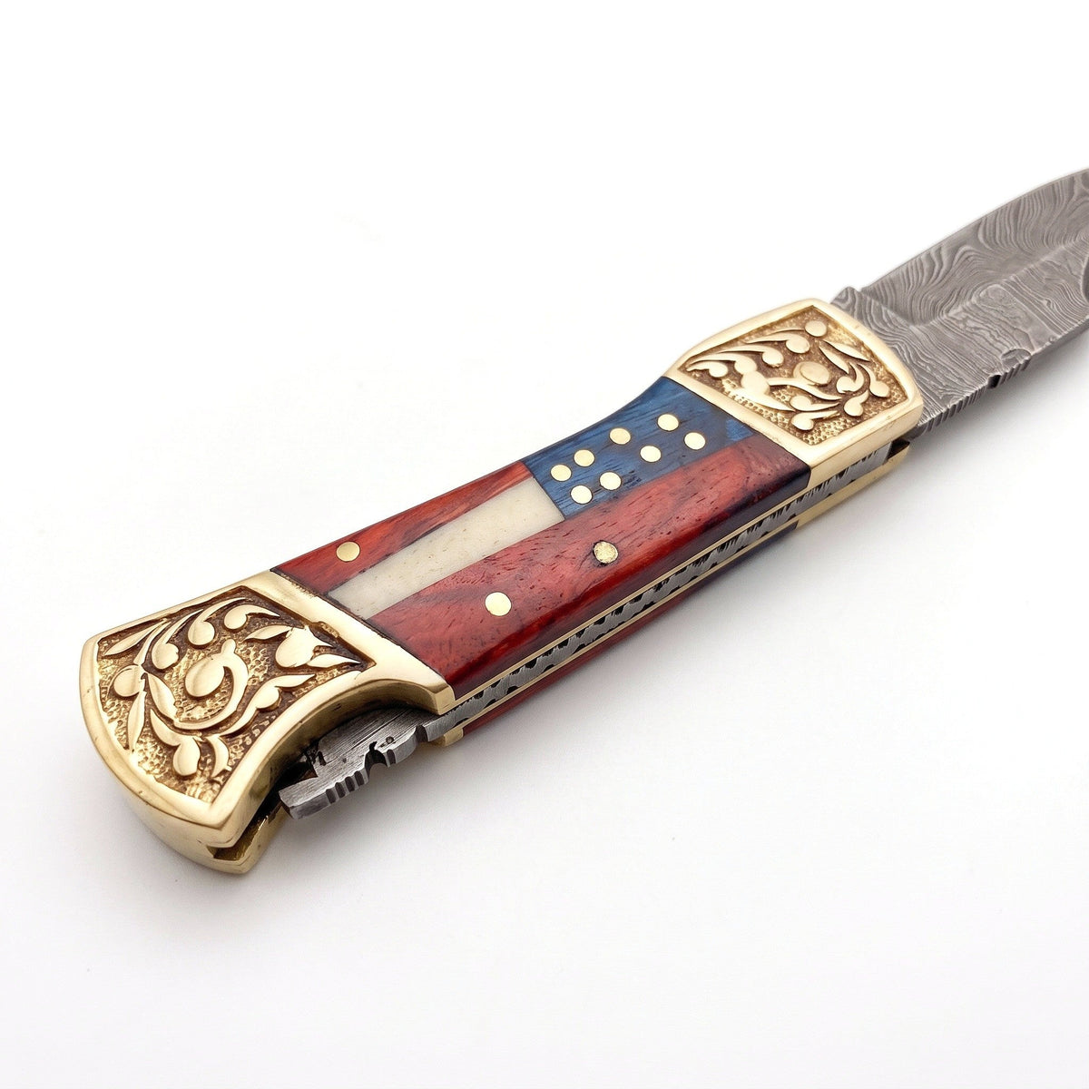 Creek 7" Damascus Pocket Knife | Bone, handle and fittings close-up