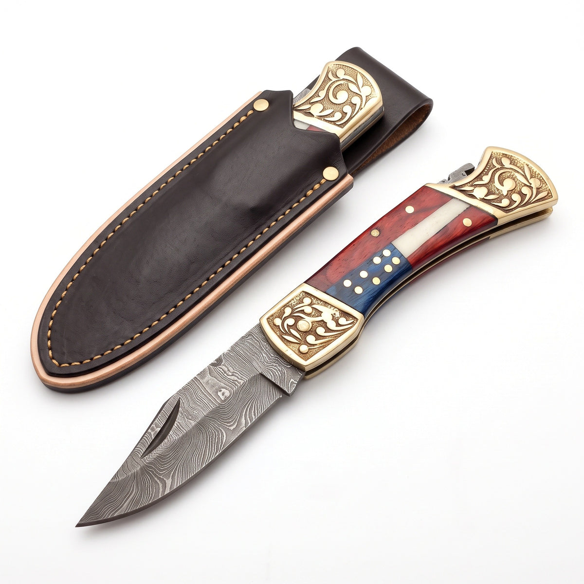 Creek 7" Damascus Pocket Knife | Bone, three-quarter view with the Crownridge belt slip