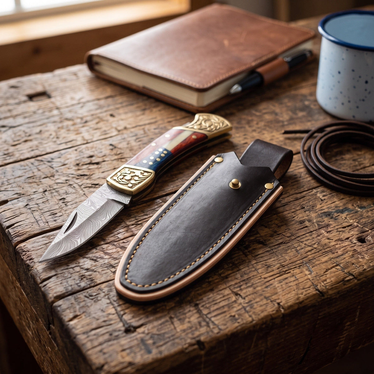 Creek 7" Damascus Pocket Knife | Bone, with the Crownridge belt slip in use