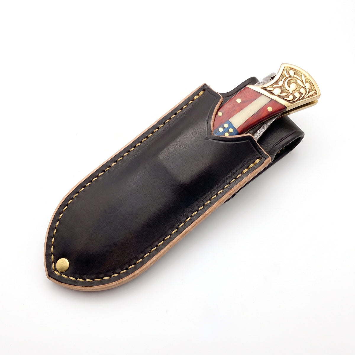 Creek 7" Damascus Pocket Knife | Bone, seated in the Crownridge belt slip