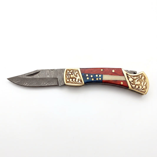 Creek 7" Damascus Pocket Knife | Bone, side profile on white