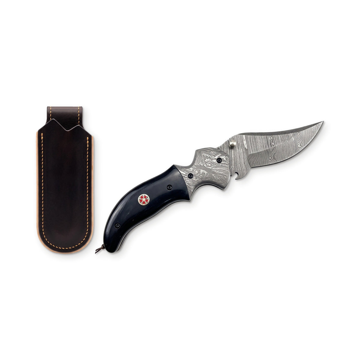 Creek 7" Damascus Pocket Knife | Buffalo Horn, three-quarter view with the Crownridge belt slip