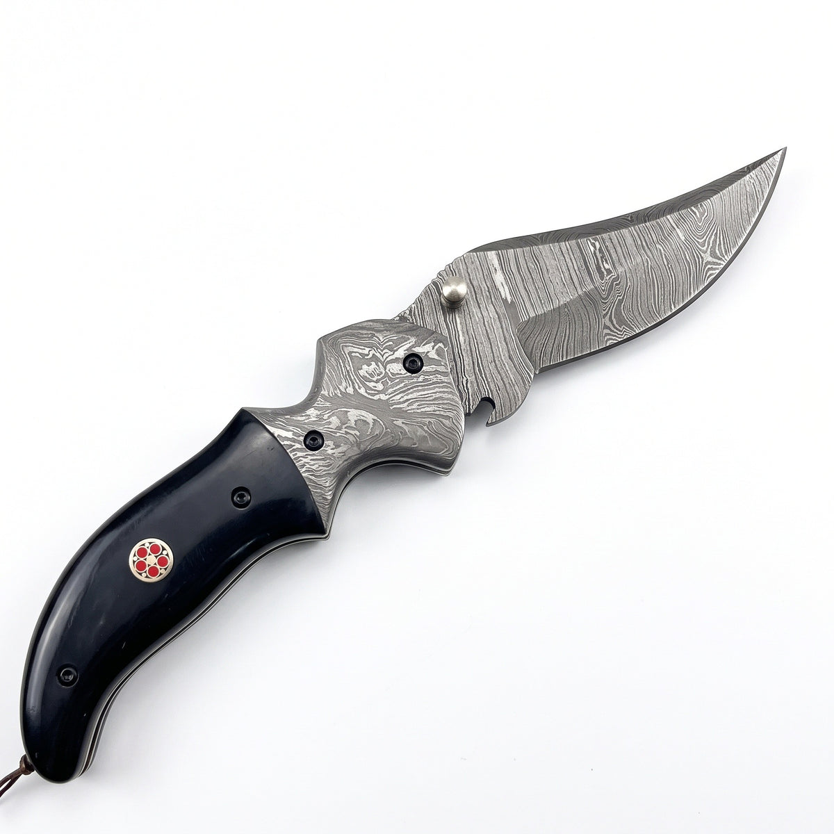 Creek 7" Damascus Pocket Knife | Buffalo Horn, side profile on white