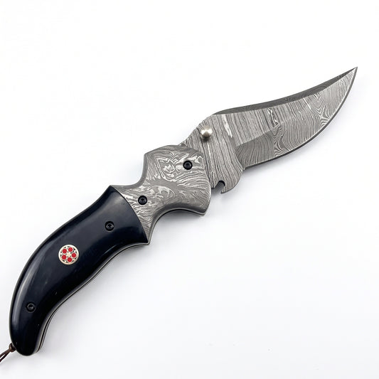 Creek 7" Damascus Pocket Knife | Buffalo Horn, side profile on white