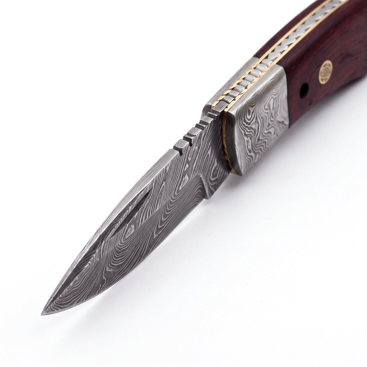 Creek 7" Damascus Pocket Knife | Burgundy Dyed Wood, Damascus blade close-up