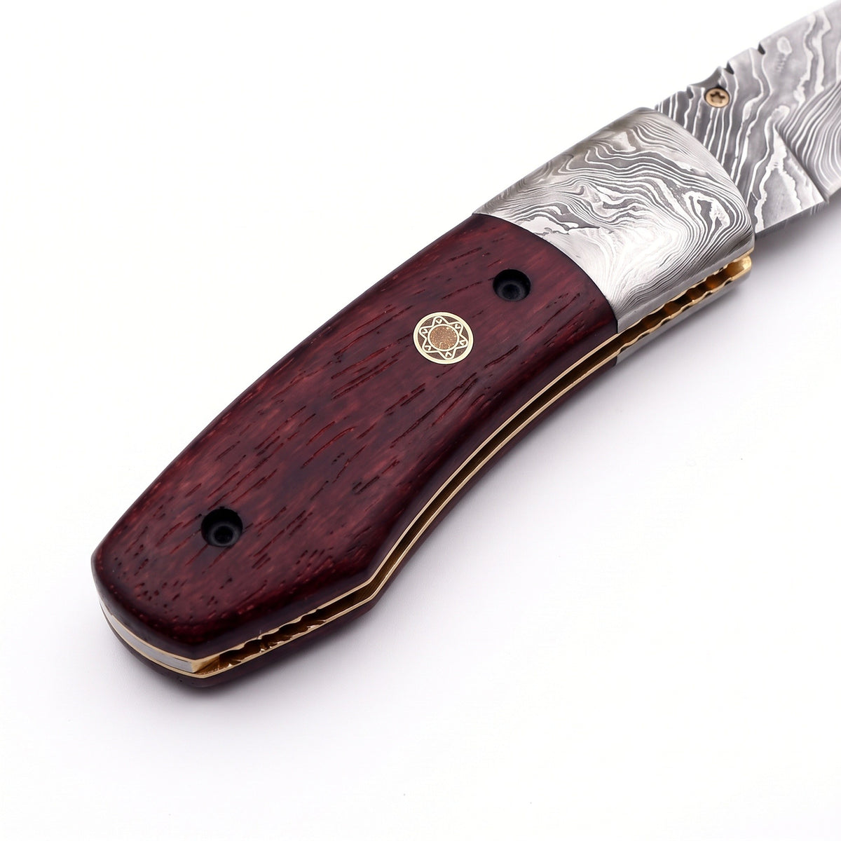 Creek 7" Damascus Pocket Knife | Burgundy Dyed Wood, handle and fittings close-up