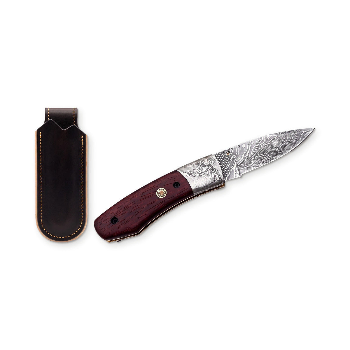 Creek 7" Damascus Pocket Knife | Burgundy Dyed Wood, three-quarter view with the Crownridge belt slip