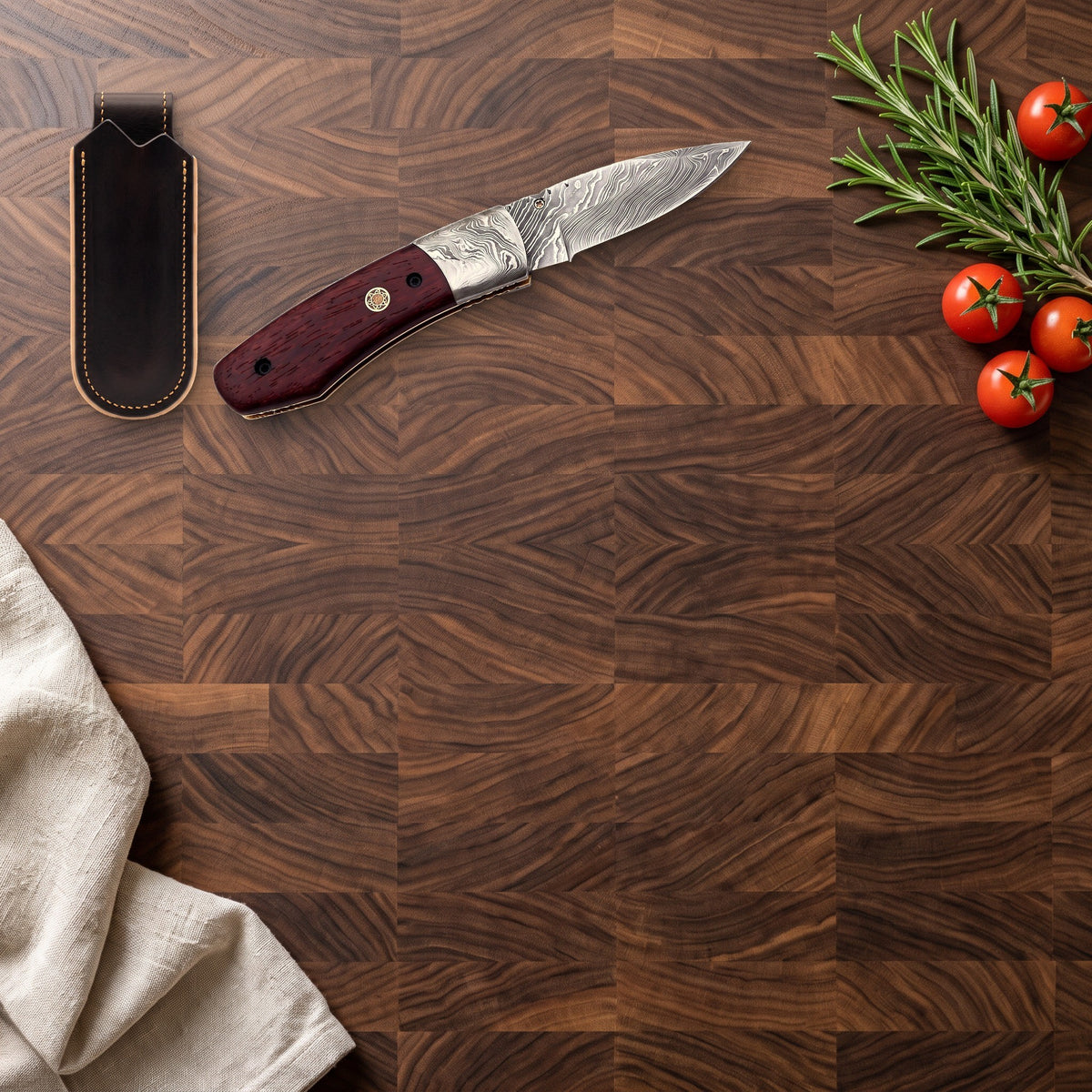 Creek 7" Damascus Pocket Knife | Burgundy Dyed Wood, with the Crownridge belt slip in use